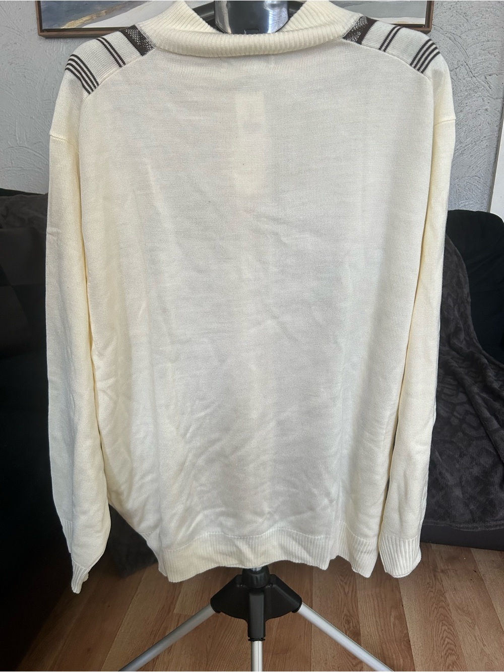 Stacy Adams Cream Zip-Up Sweater with Brown & Tan Vertical Pattern - Picture 4 of 5